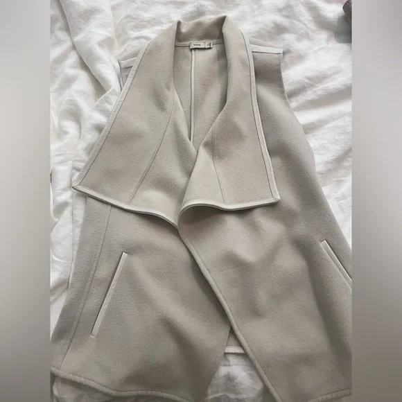 Vince Leather Collar Cream Drape Wool Blend Vest - Picture 2 of 5